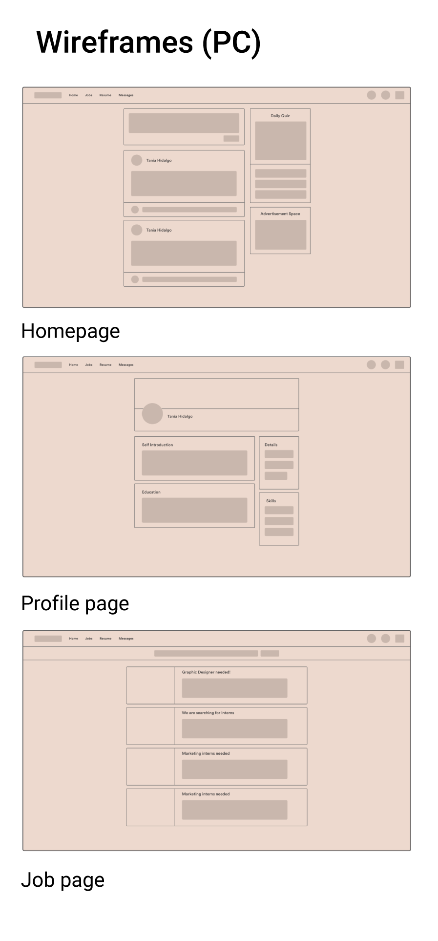 Wireframes for PC - homepage, profile, and job pages