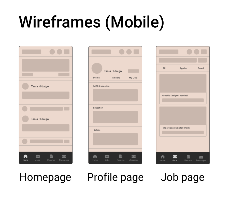Mobile wireframes - homepage, profile, and job pages