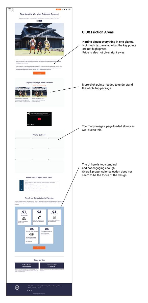 Old Mirai Creation Experience website design with UI/UX friction areas highlighted